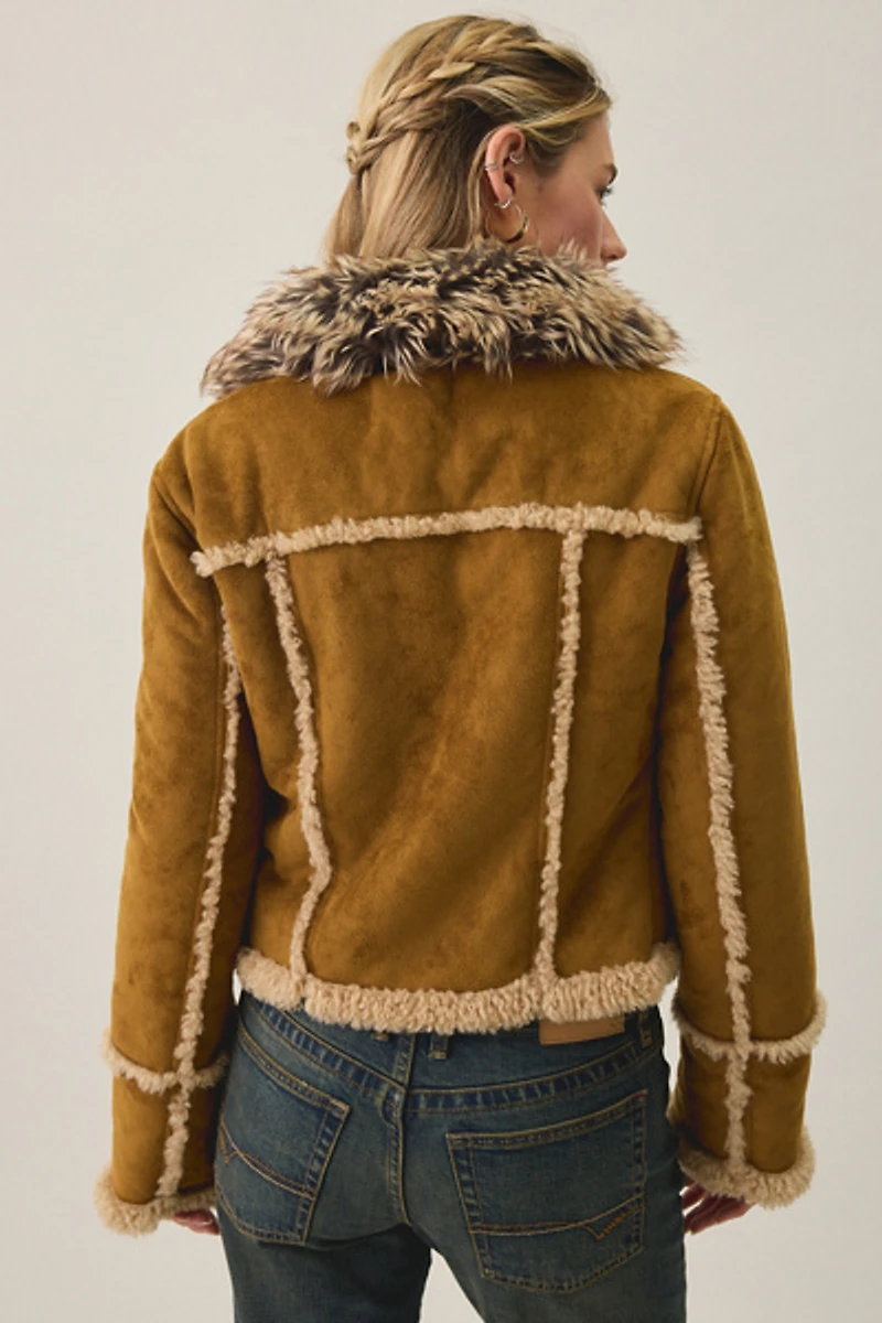 UO Ashleigh Faux Fur Trim Asymmetric Shearling Jacket