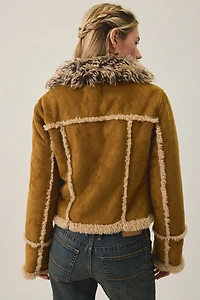 UO Ashleigh Faux Fur Trim Asymmetric Shearling Jacket