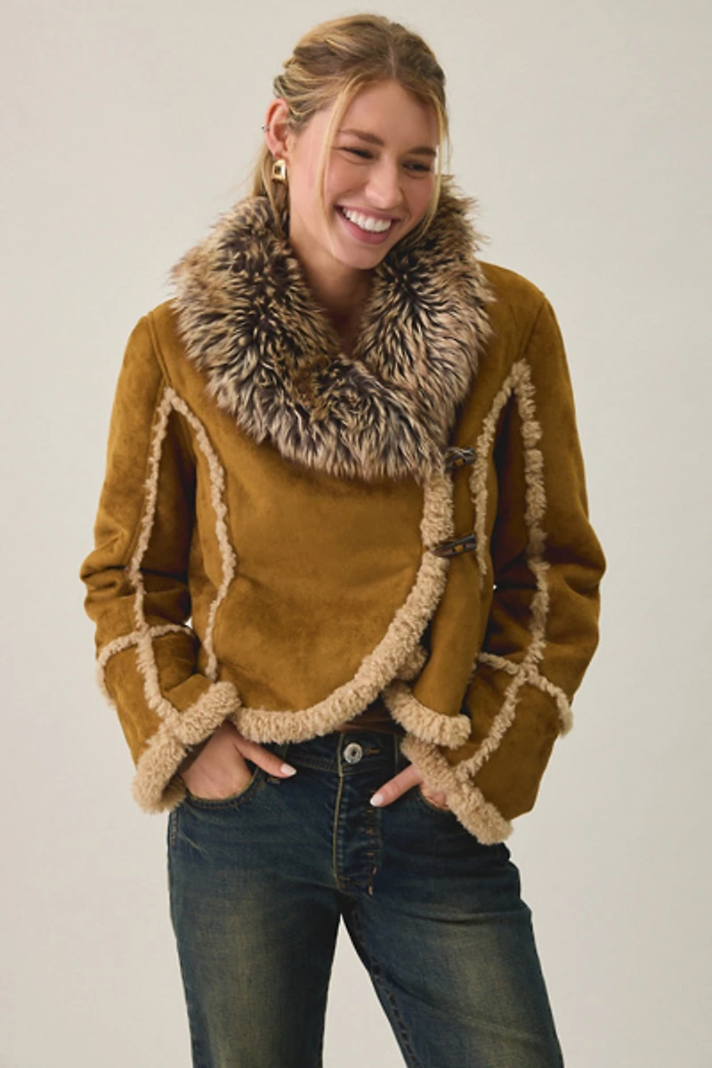 UO Ashleigh Faux Fur Trim Asymmetric Shearling Jacket