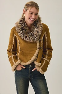 UO Ashleigh Faux Fur Trim Asymmetric Shearling Jacket