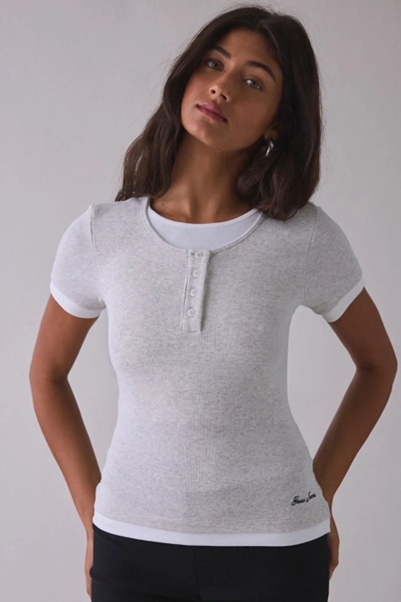 GUESS JEANS Layered Rib Knit Henley Tee