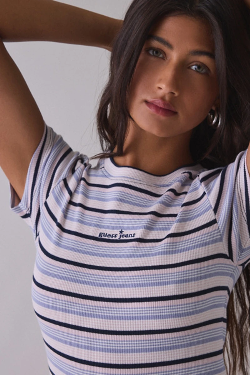 GUESS JEANS Star Embroidered Graphic Striped Rib Tee