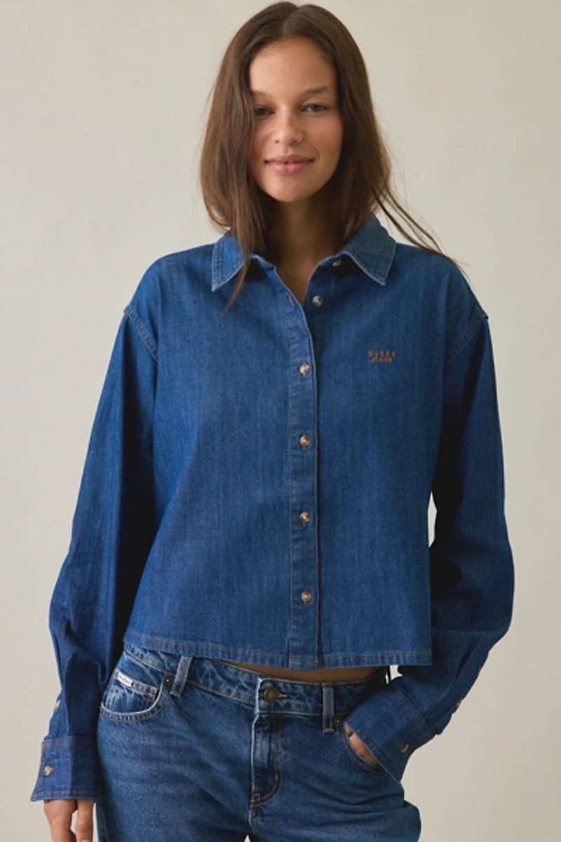 GUESS JEANS Logo Embroidered Boxy Denim Button-Down Shirt
