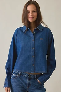 GUESS JEANS Logo Embroidered Boxy Denim Button-Down Shirt