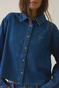 GUESS JEANS Logo Embroidered Boxy Denim Button-Down Shirt