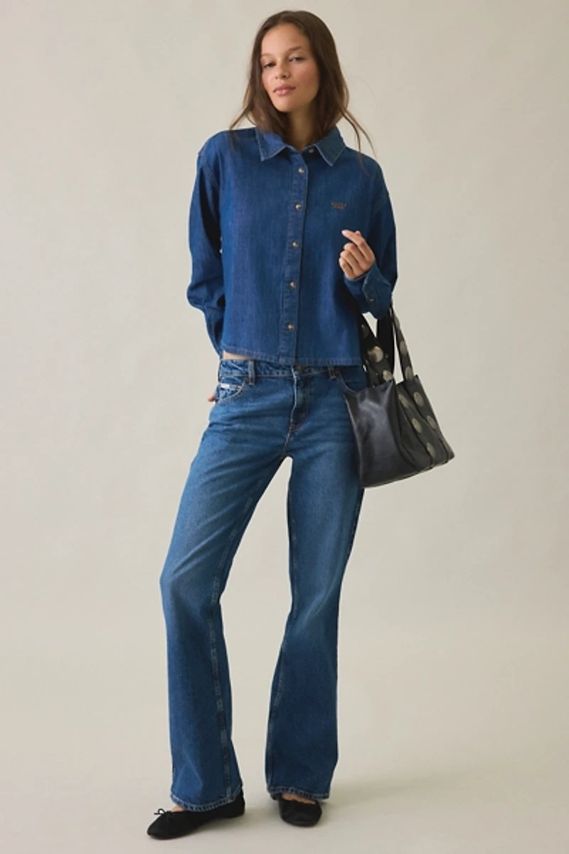 GUESS JEANS Logo Embroidered Boxy Denim Button-Down Shirt