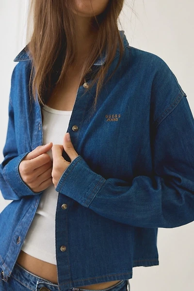 GUESS JEANS Logo Embroidered Boxy Denim Button-Down Shirt