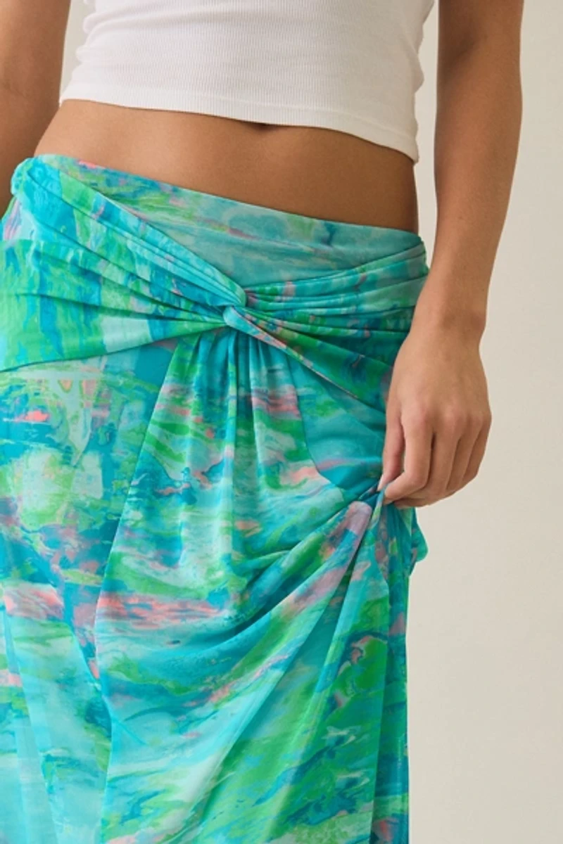 AFRM Amirah Turquoise Marble Mesh Twist-Front Maxi Skirt