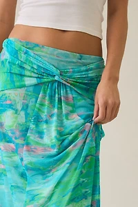 AFRM Amirah Turquoise Marble Mesh Twist-Front Maxi Skirt