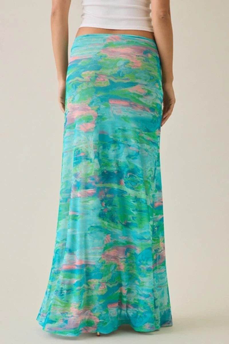 AFRM Amirah Turquoise Marble Mesh Twist-Front Maxi Skirt