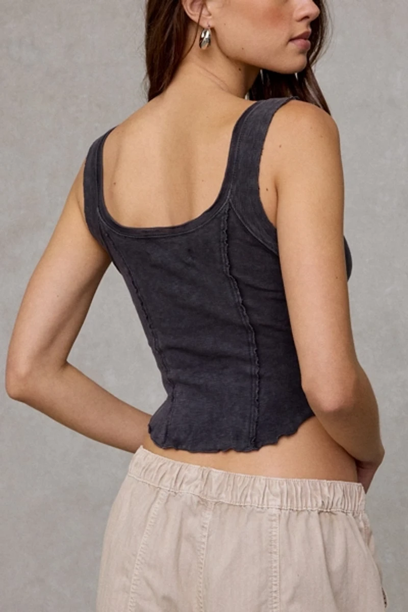 BDG Jules Ruffle Scoop Neck Henley Tank Top