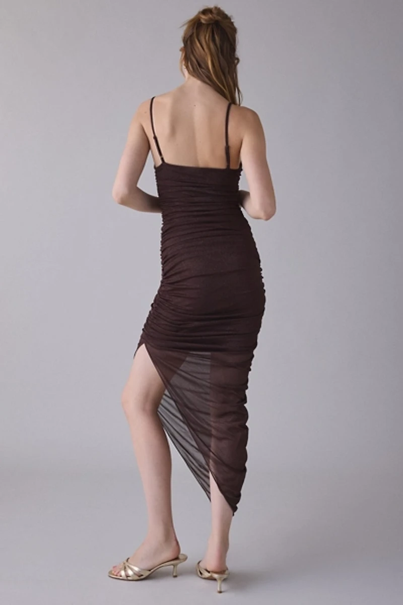 UO Stellina Sparkly Mesh Ruched Asymmetric Midi Dress