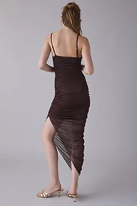 UO Stellina Sparkly Mesh Ruched Asymmetric Midi Dress