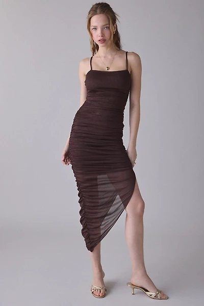 UO Stellina Sparkly Mesh Ruched Asymmetric Midi Dress