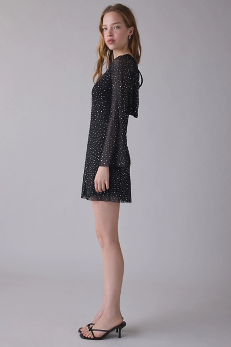 UO Disco Honey Glitter Mesh Long Sleeve Mini Dress