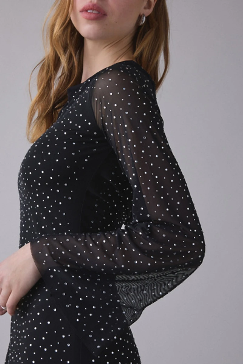 UO Disco Honey Glitter Mesh Long Sleeve Mini Dress