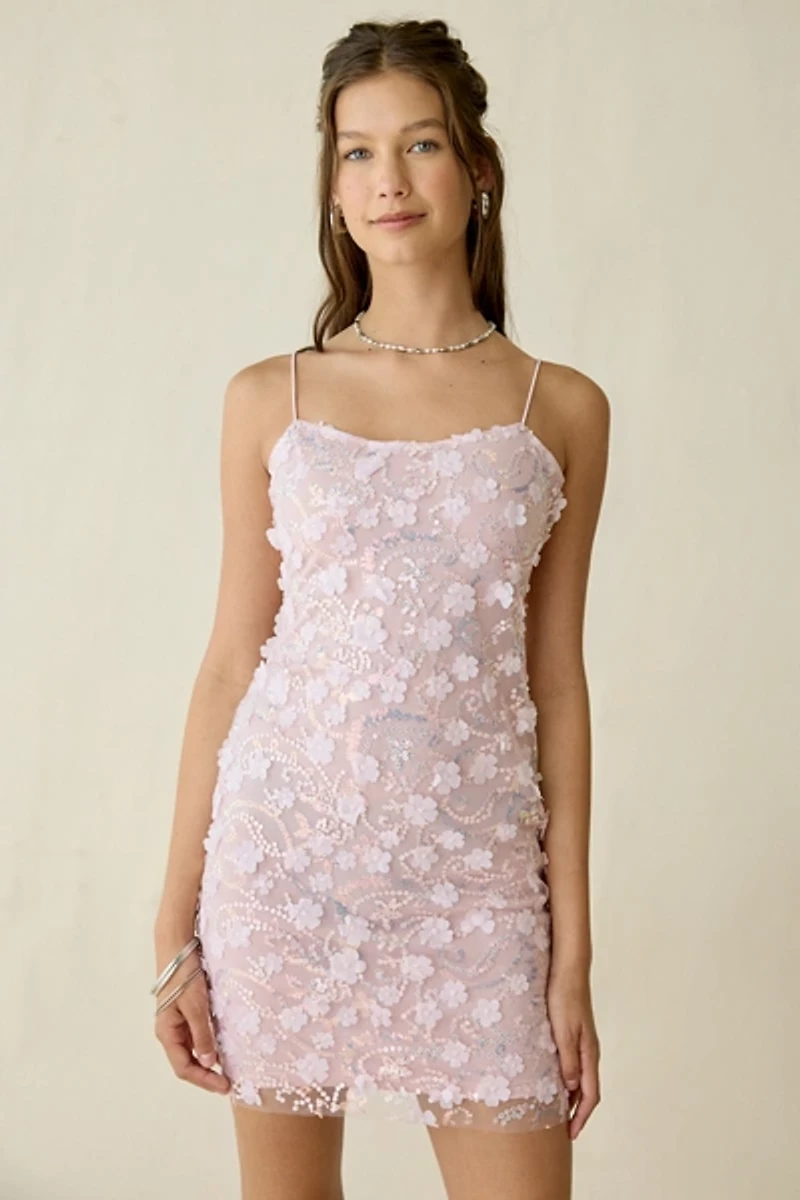 UO Flora Shine Sequin Applique Beaded Mini Dress