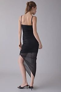 UO Lumiere Sparkly Mesh Notch V-Neck Asymmetric Ruched Midi Dress