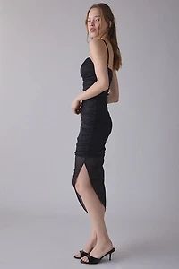 UO Lumiere Sparkly Mesh Notch V-Neck Asymmetric Ruched Midi Dress