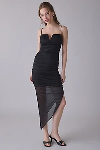 UO Lumiere Sparkly Mesh Notch V-Neck Asymmetric Ruched Midi Dress