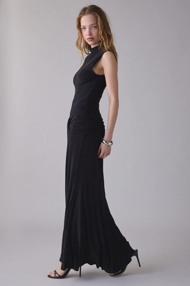 UO Elysian Ruched Tie-Detail Sleeveless Mockneck Maxi Dress