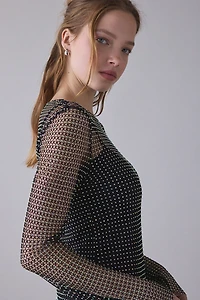 UO Obsidian Rhinestone Studded Fishnet Long Sleeve Mini Dress