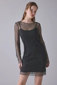 UO Obsidian Rhinestone Studded Fishnet Long Sleeve Mini Dress