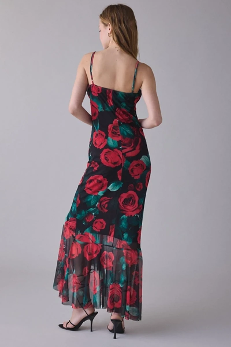UO Magic Hour Mesh Cowl Neck High-Low Maxi Dress