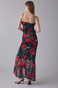 UO Magic Hour Mesh Cowl Neck High-Low Maxi Dress