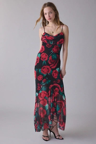 UO Magic Hour Mesh Cowl Neck High-Low Maxi Dress