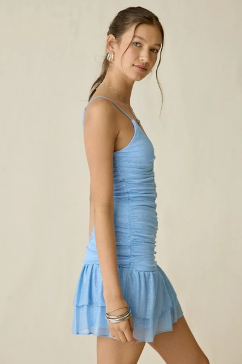 UO Sugar High Shimmer Mesh Ruched Drop Waist Mini Dress