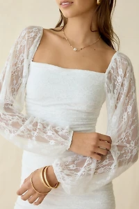 UO Perfect Petal Ruched Long Sleeve Lace Mini Dress