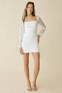 UO Perfect Petal Ruched Long Sleeve Lace Mini Dress