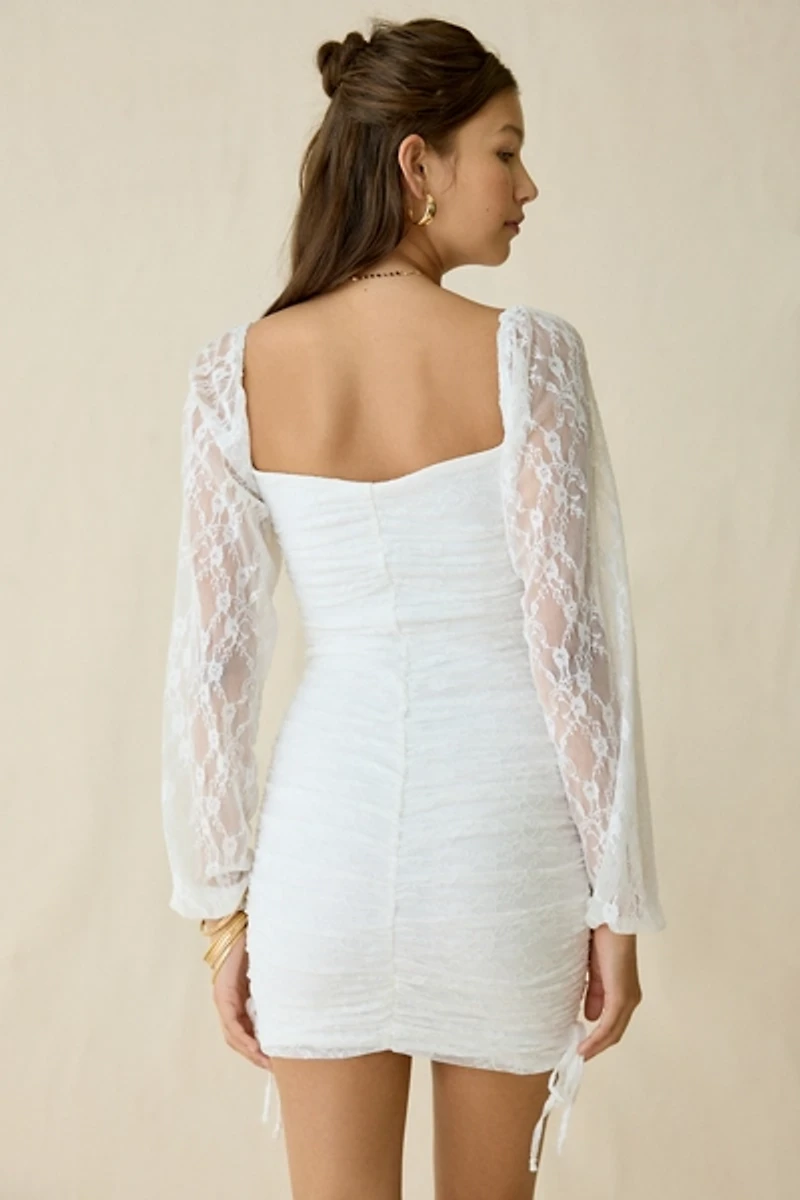 UO Perfect Petal Ruched Long Sleeve Lace Mini Dress