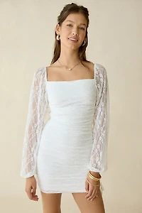 UO Perfect Petal Ruched Long Sleeve Lace Mini Dress