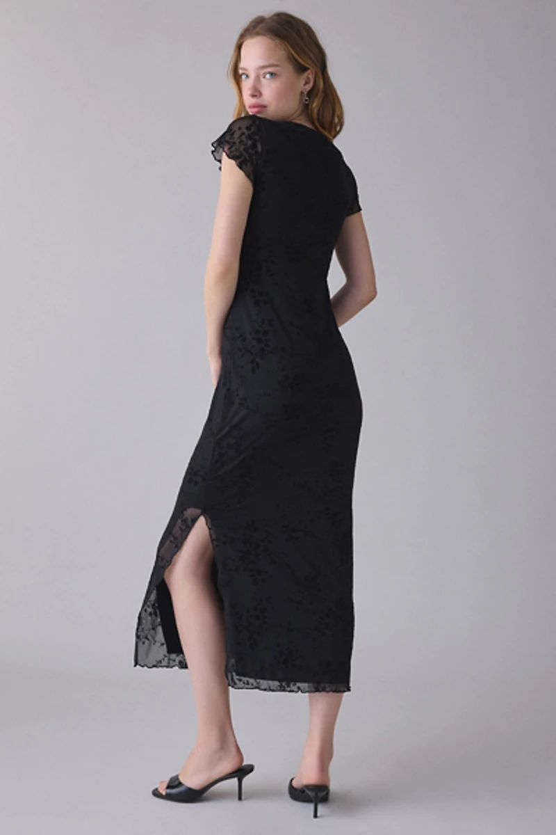 UO Sweet Rebellion Flocked Floral Mesh Short Sleeve Midi Dress