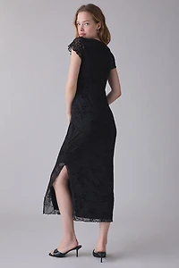 UO Sweet Rebellion Flocked Floral Mesh Short Sleeve Midi Dress