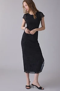 UO Sweet Rebellion Flocked Floral Mesh Short Sleeve Midi Dress