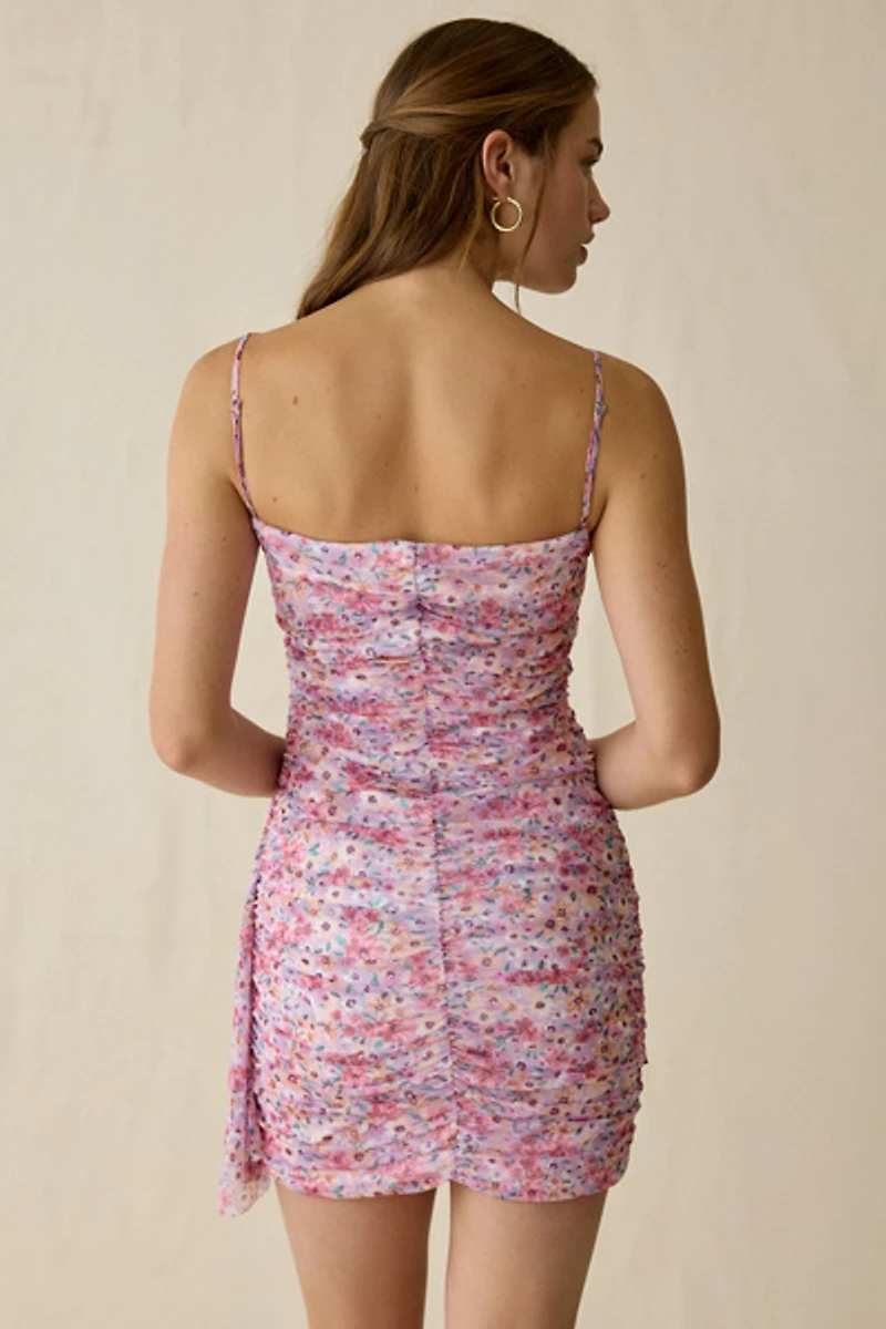 UO Whimsey Rose Floral Mesh Asymmetric Ruched Mini Dress