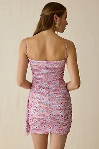 UO Whimsey Rose Floral Mesh Asymmetric Ruched Mini Dress