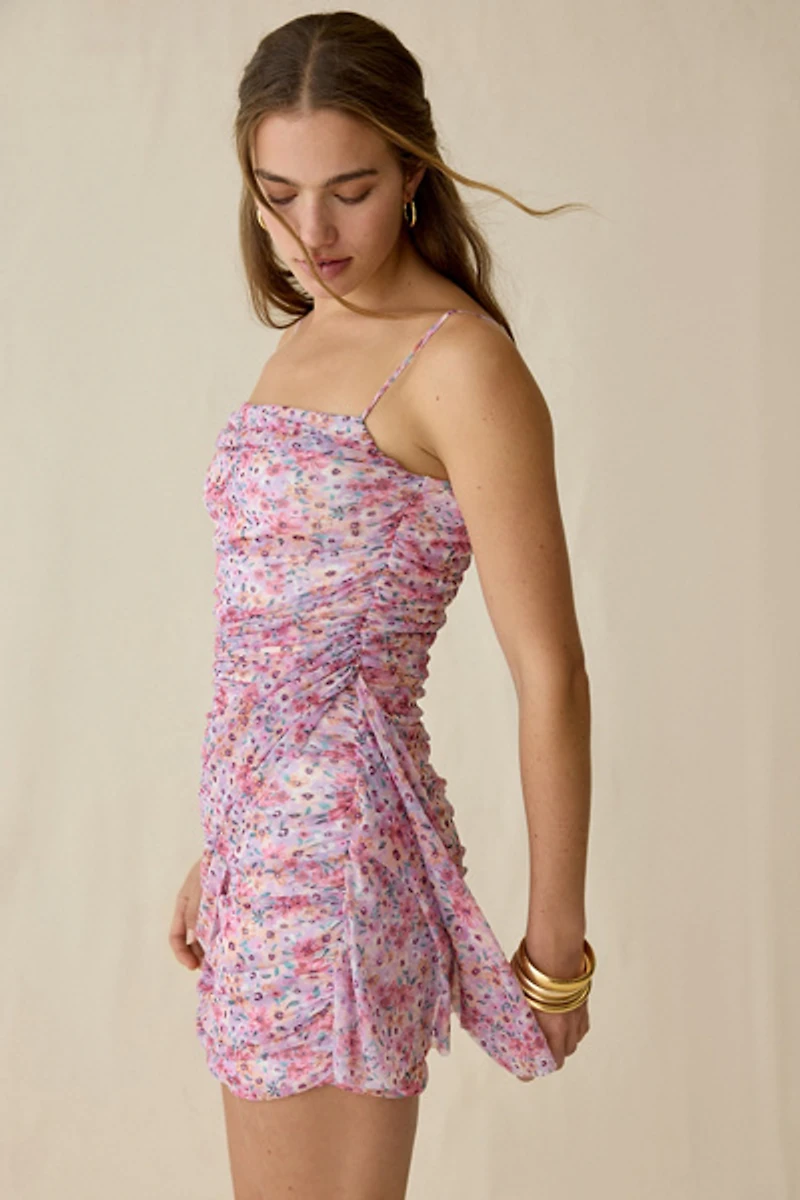 UO Whimsey Rose Floral Mesh Asymmetric Ruched Mini Dress