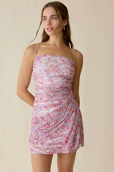 UO Whimsey Rose Floral Mesh Asymmetric Ruched Mini Dress