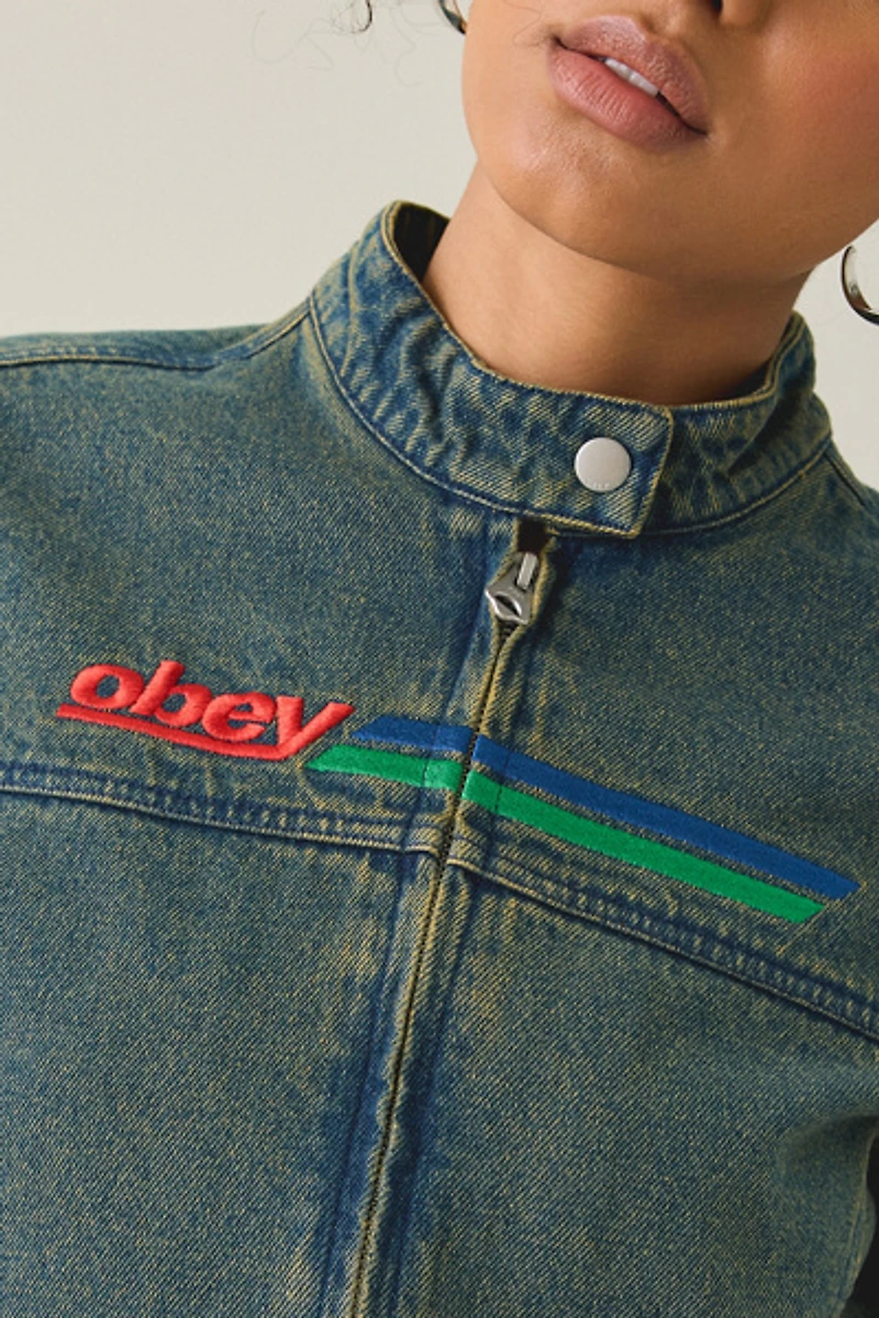 OBEY Rove Embroidered Denim Moto Jacket