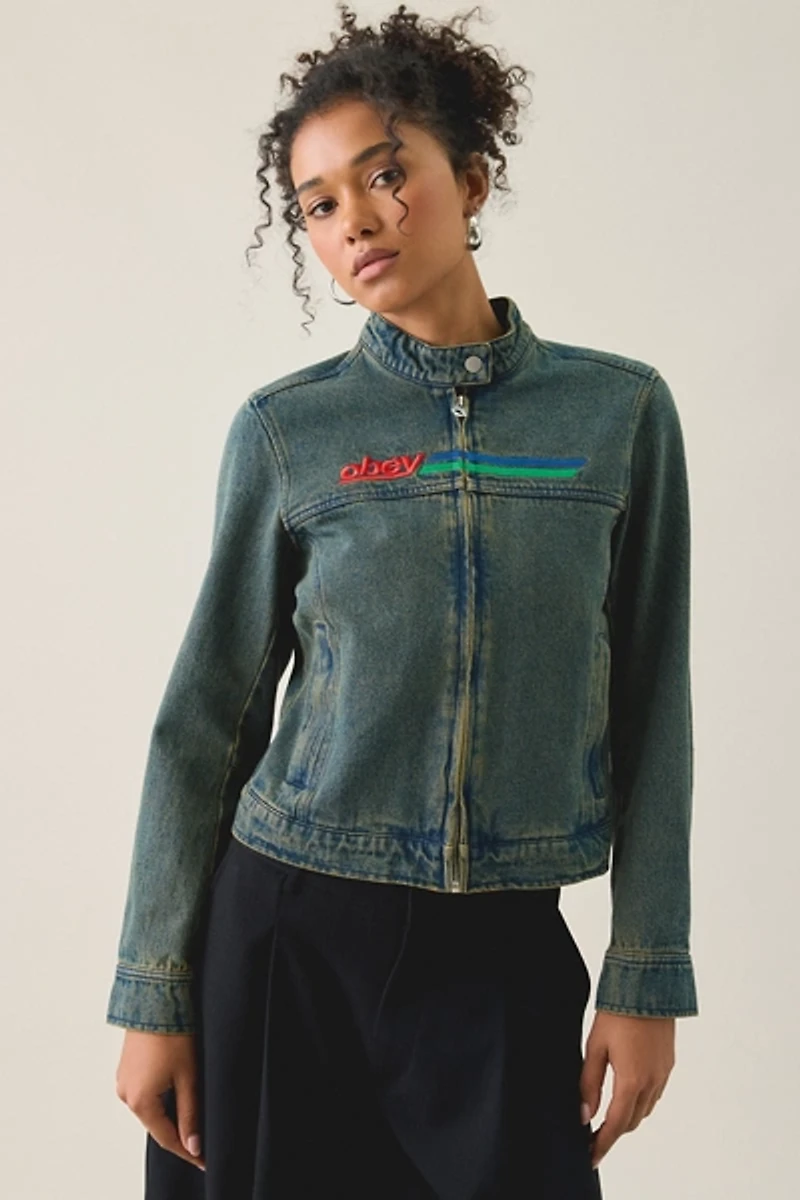 OBEY Rove Embroidered Denim Moto Jacket