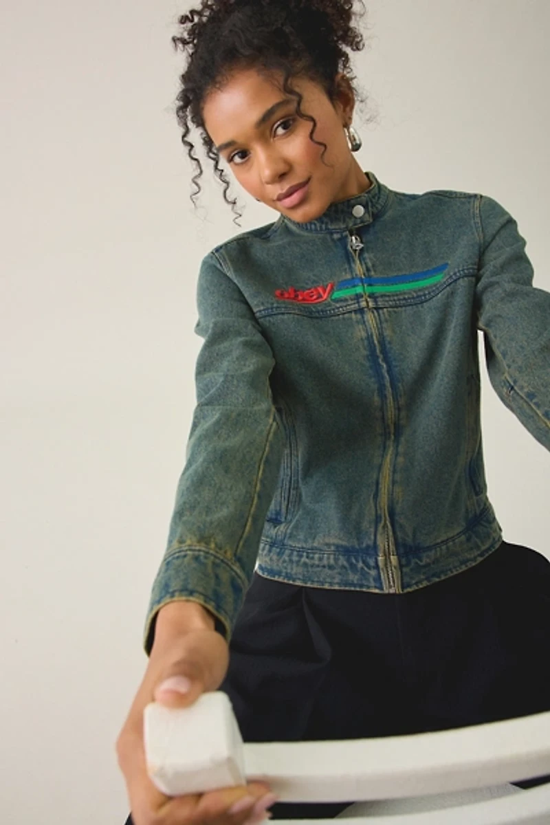 OBEY Rove Embroidered Denim Moto Jacket