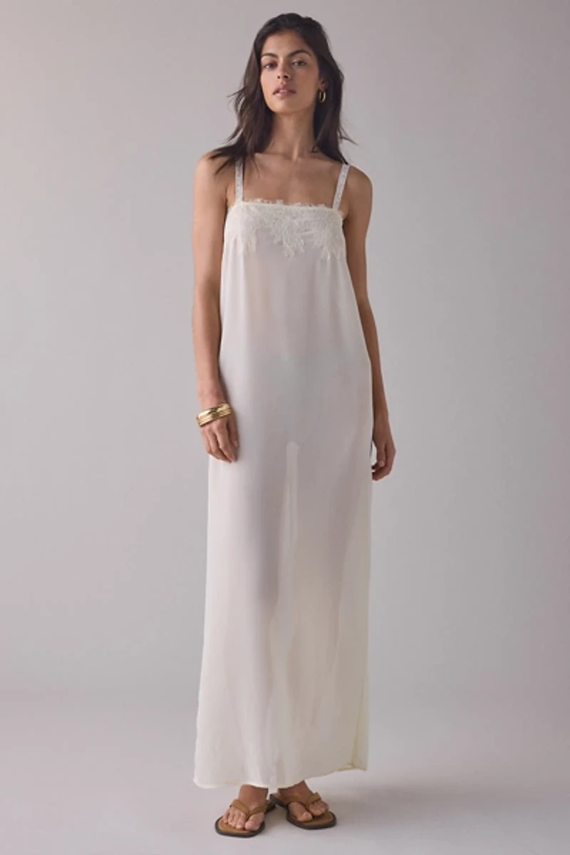 Lioness Glacial Sheer Chiffon Lace Trim Maxi Dress