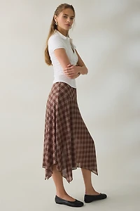 BDG Winnie Plaid Sheer Mesh Hanky Hem Drop Waist Midi Skirt