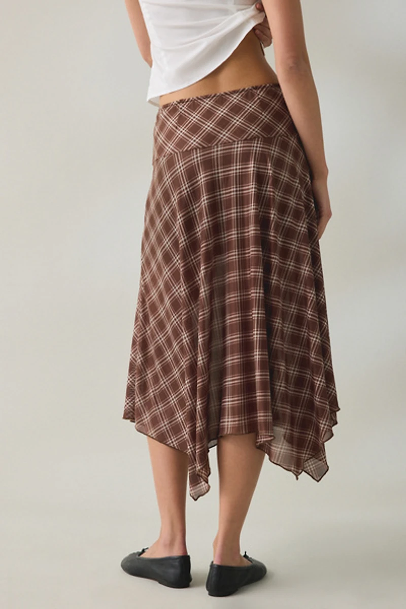 BDG Winnie Plaid Sheer Mesh Hanky Hem Drop Waist Midi Skirt