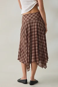 BDG Winnie Plaid Sheer Mesh Hanky Hem Drop Waist Midi Skirt
