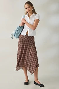 BDG Winnie Plaid Sheer Mesh Hanky Hem Drop Waist Midi Skirt